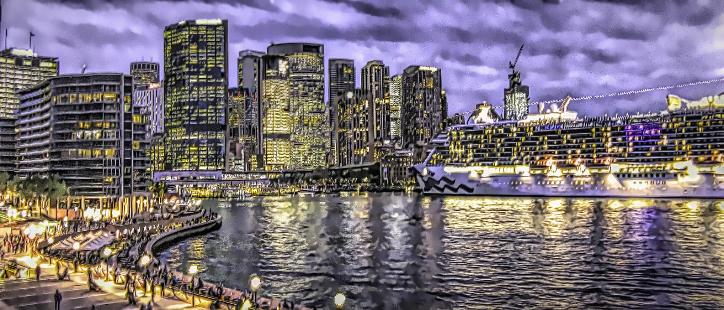 Night view of the harbor and surrounding buildings in Sydney, Australia