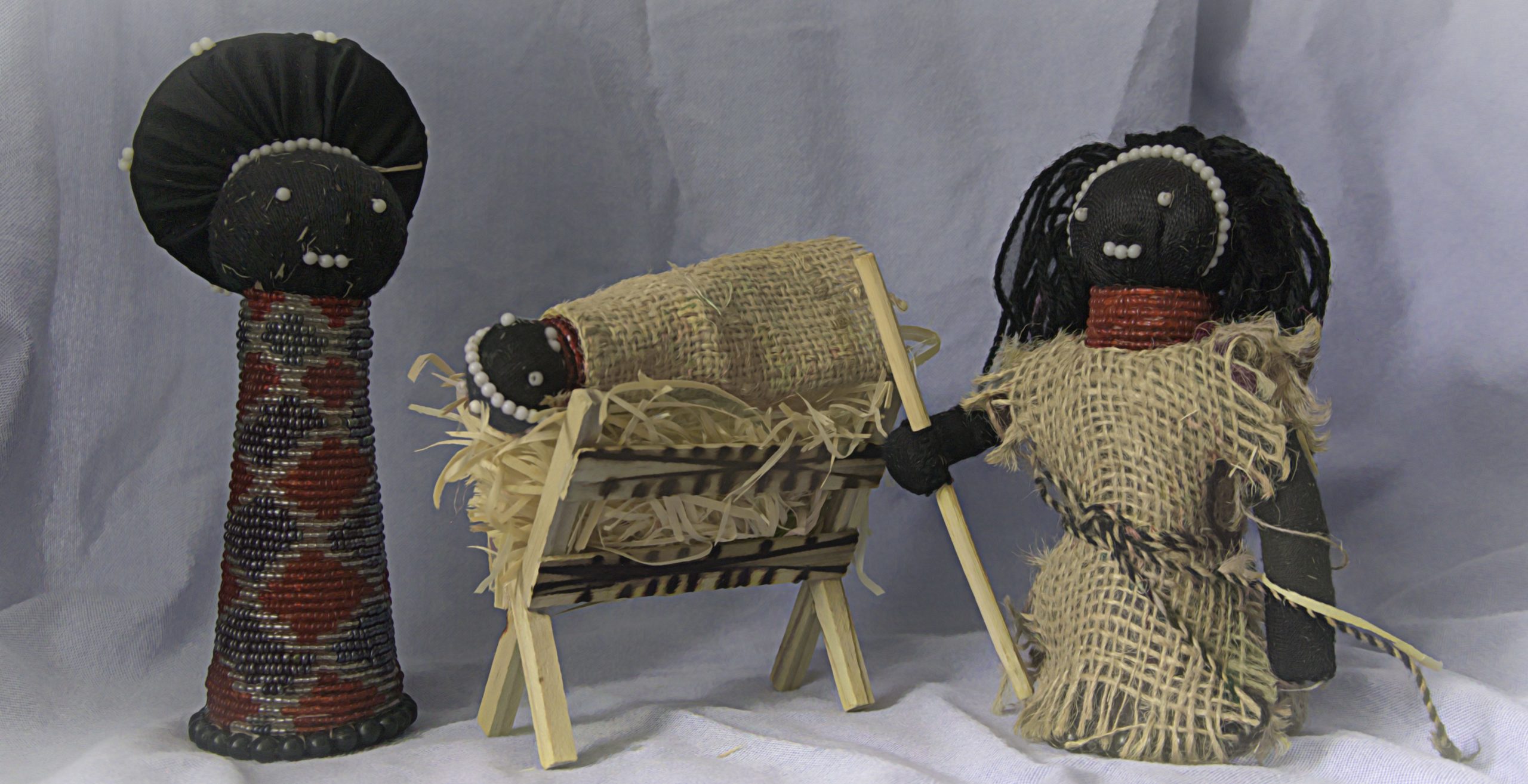 A nativity scene in the Zuu style with burlap and beads