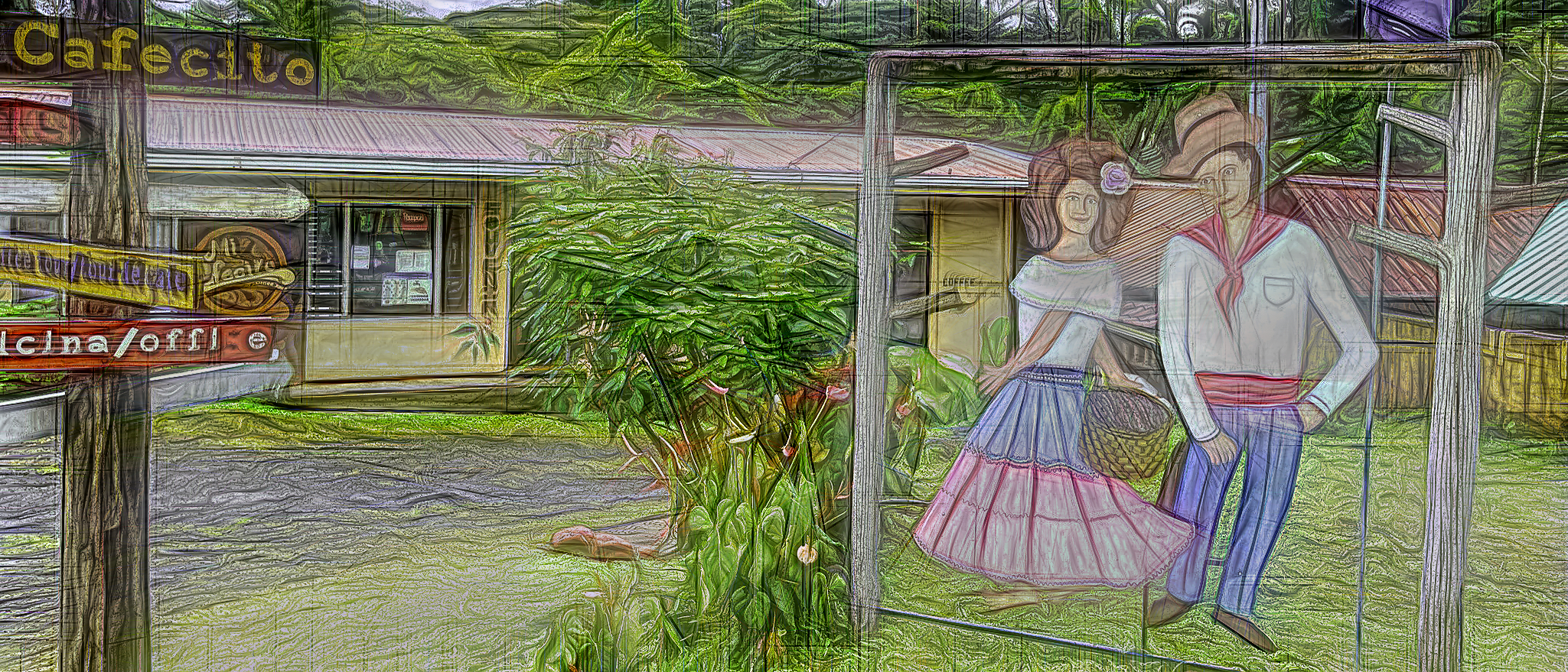 Painting of Coasta Rican couple at entrance to coffee plantation