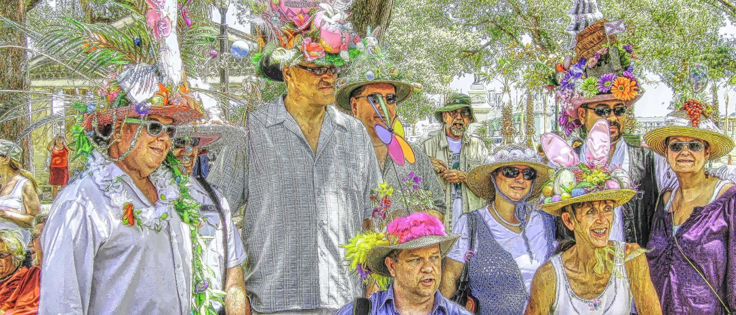 Group of people in St. Augustine, FLorida with their elaborate Easter hats .