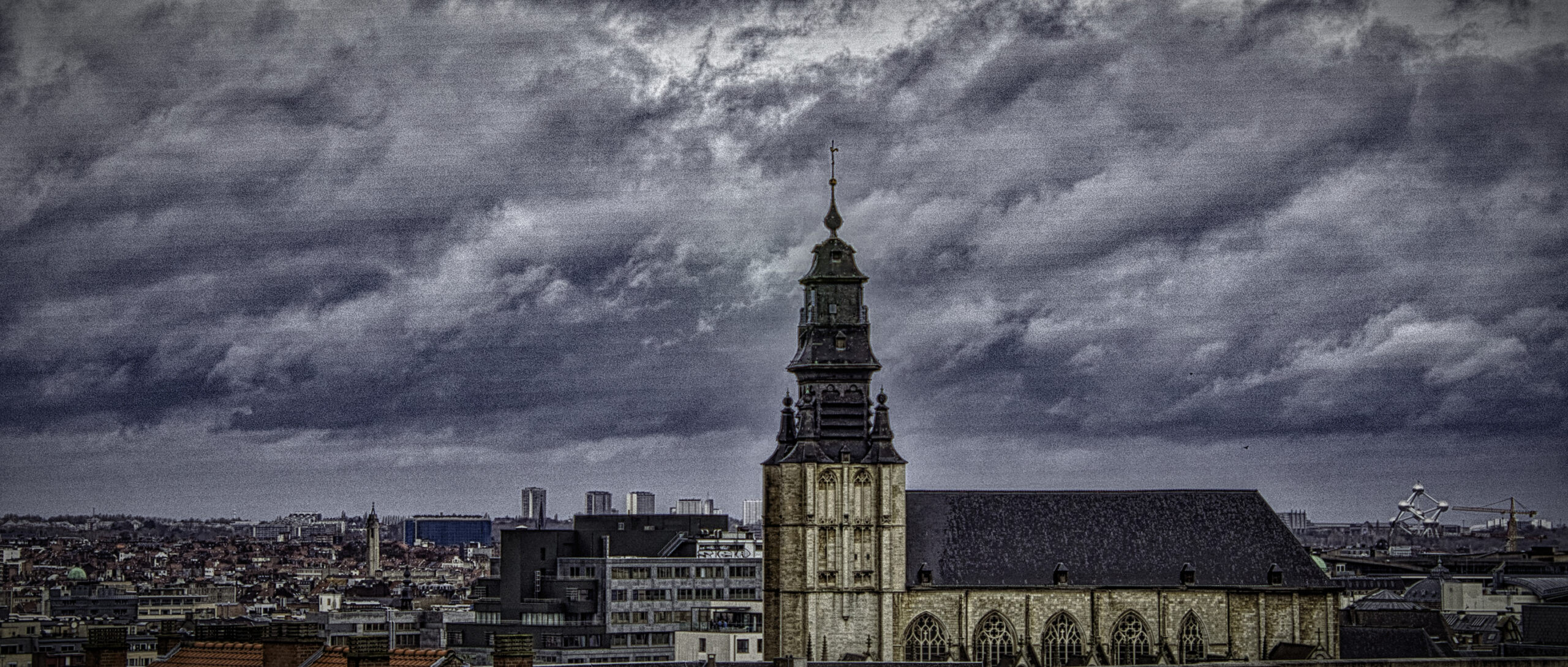 Looking out over Brussels, Belgium on a cloudy day.
