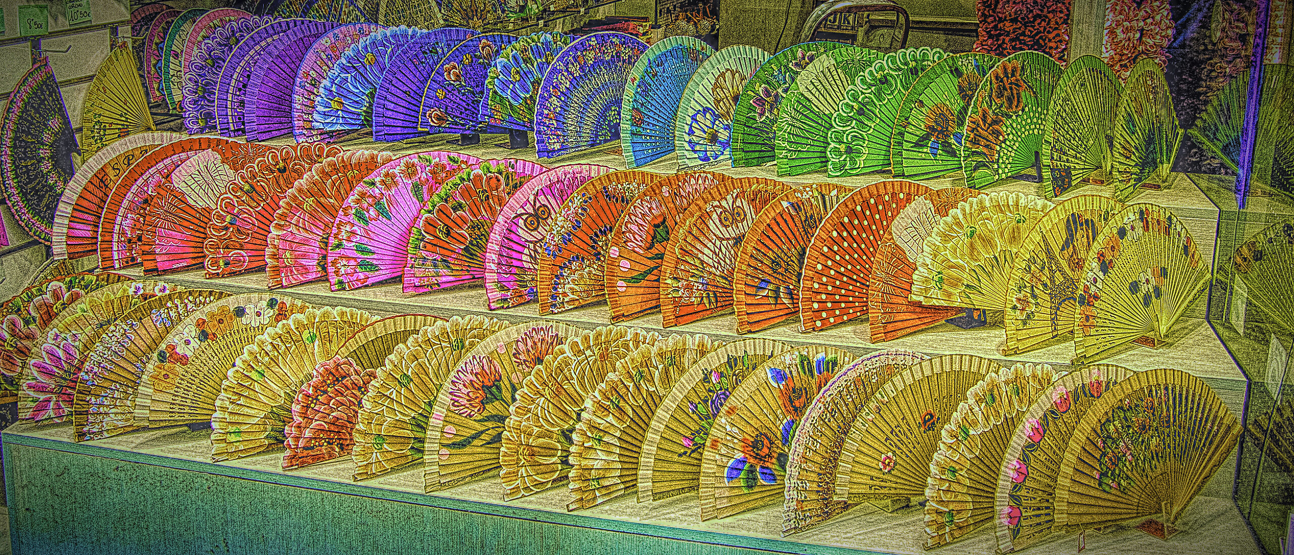 Colorful fans in the window of a store in Seville, Spain