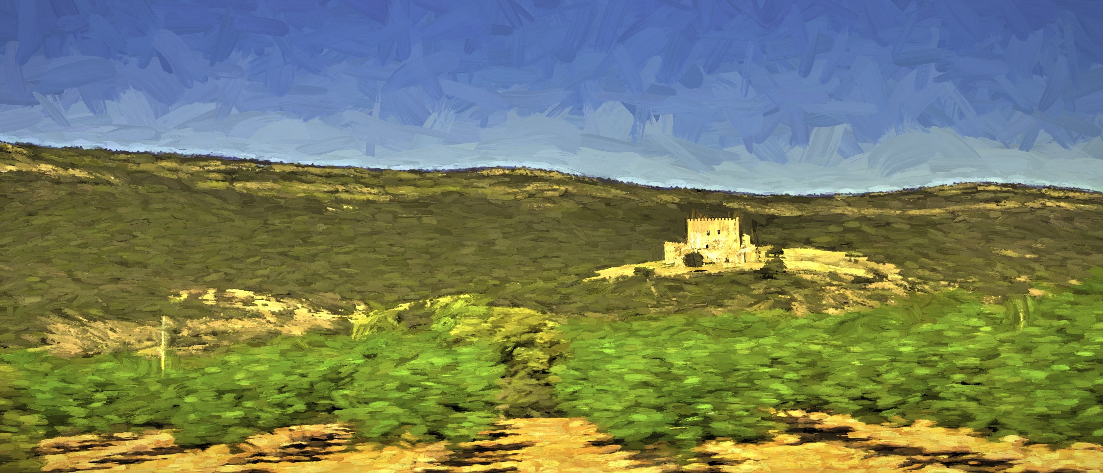 The Spanish countryside with an old structure on a rise.