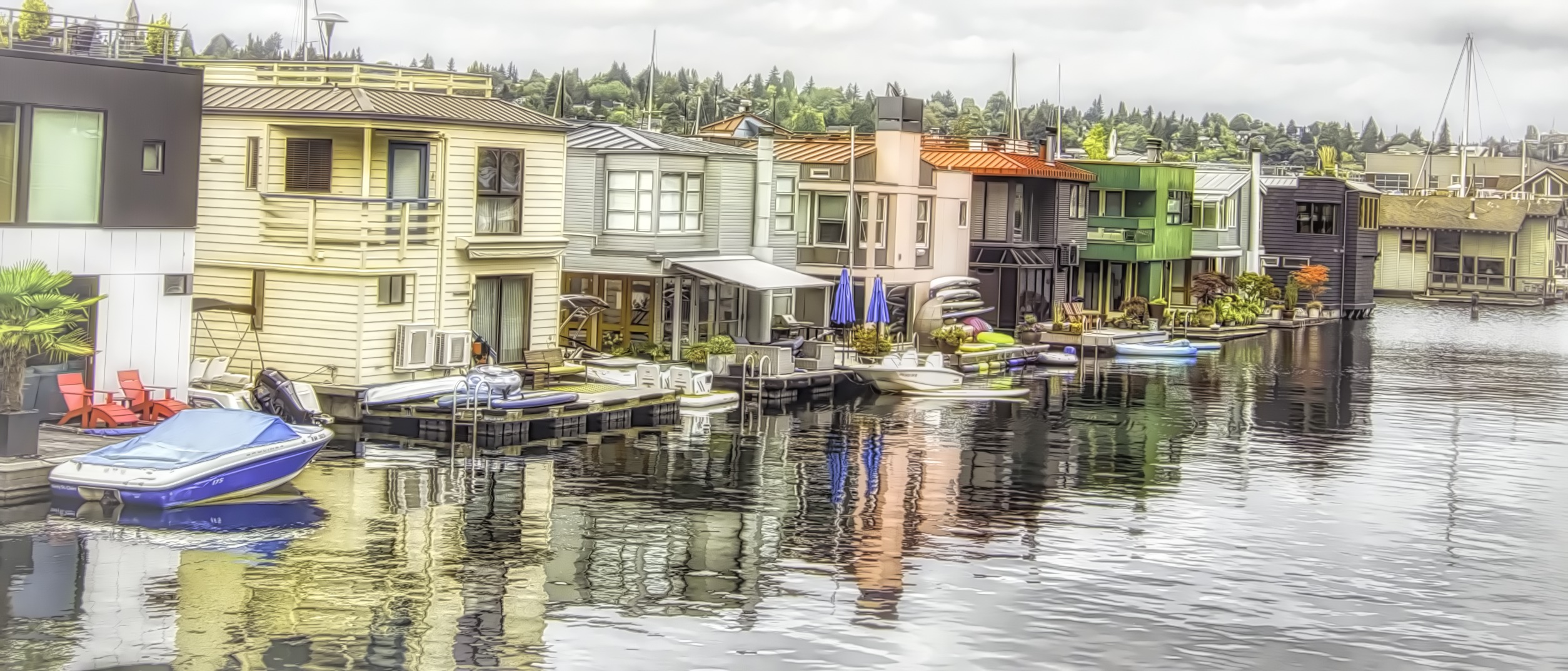 Row of Houseboats on Lake Union in Seattle. Washiington