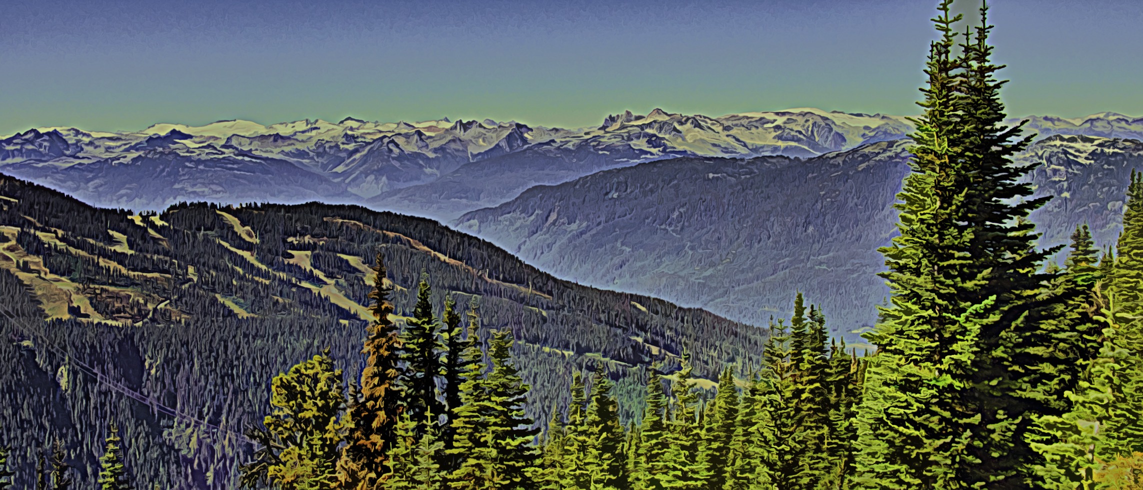 View of nearby mountains from Blackcomb Mountain in Whistler, BC