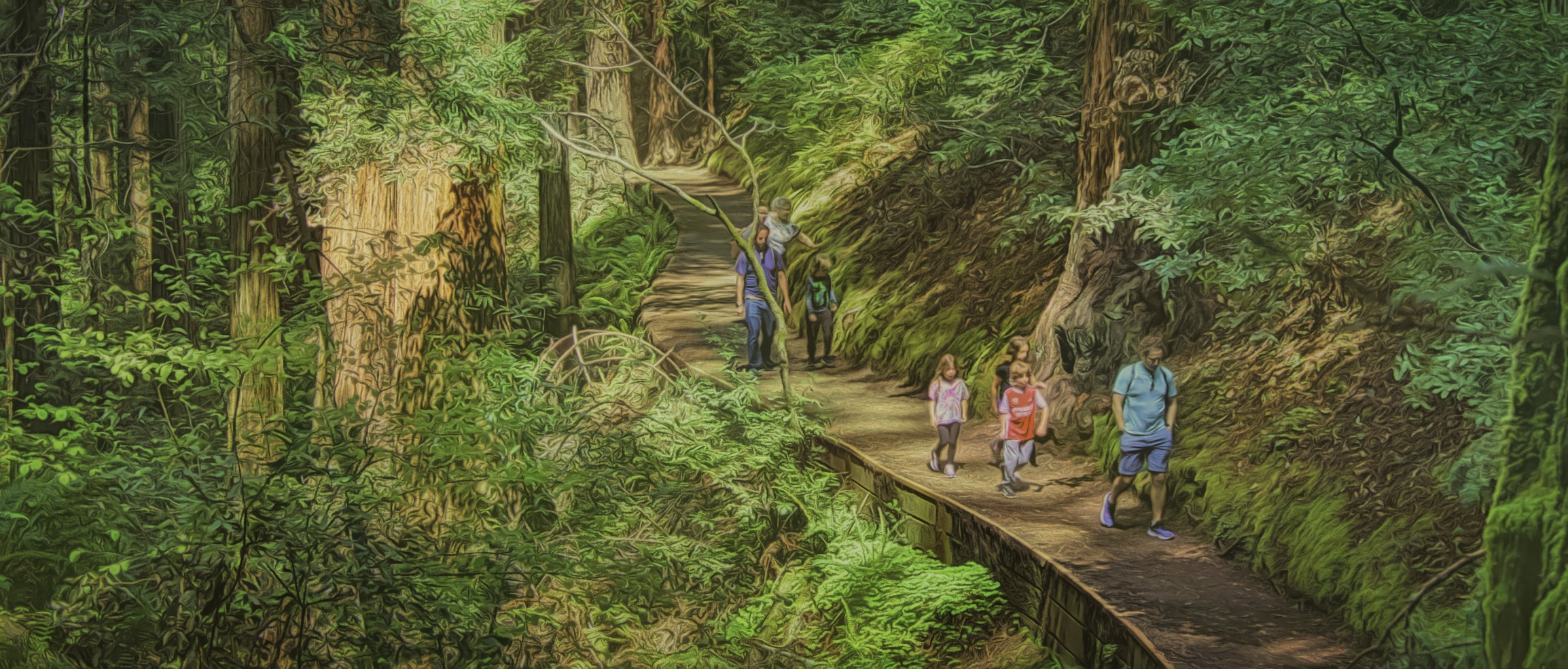 Family walking a trail in Muir Woods National Monument in California