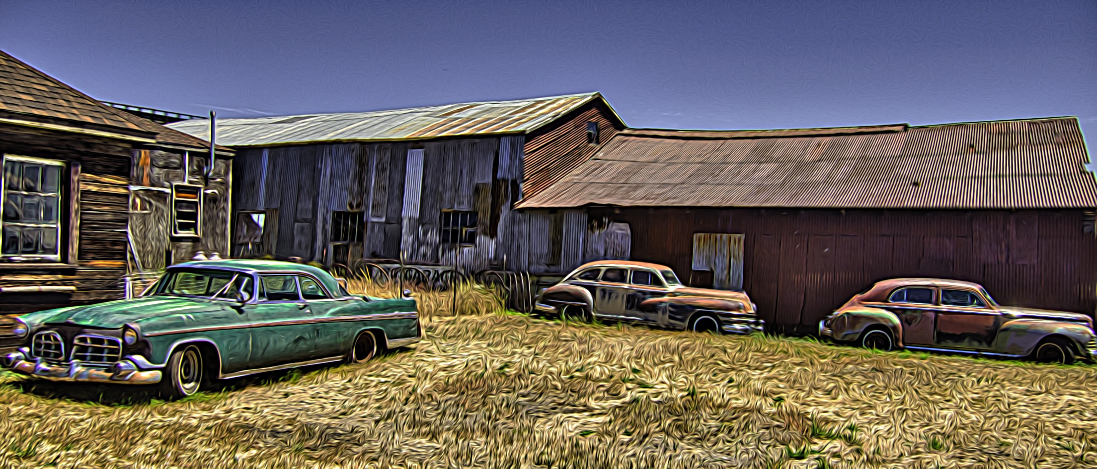 Three old cars next to old buildings in Oregon