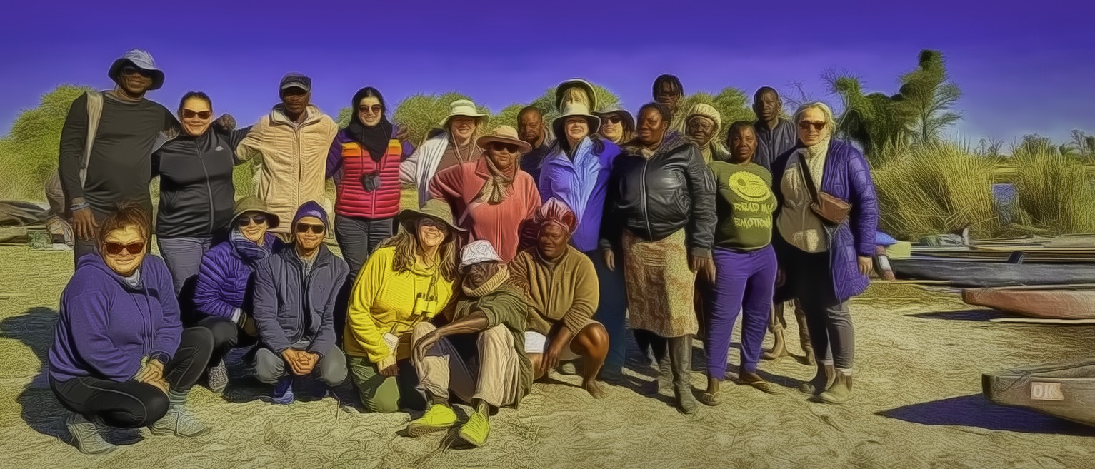 An American tour group with their African guides and hosts in Botswana.