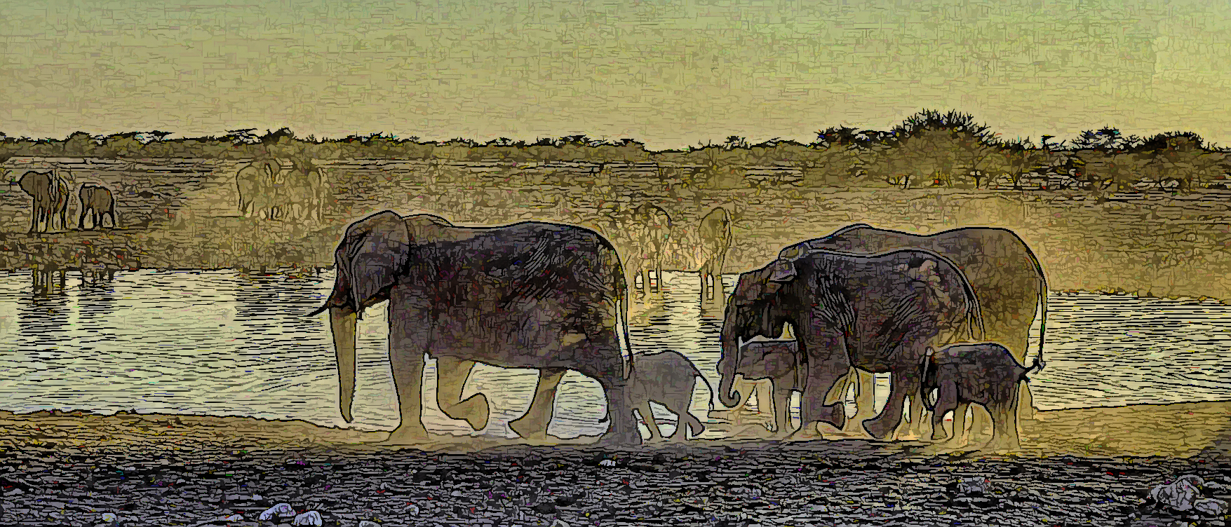 Elephants at a watering hole in Botswana, Africa