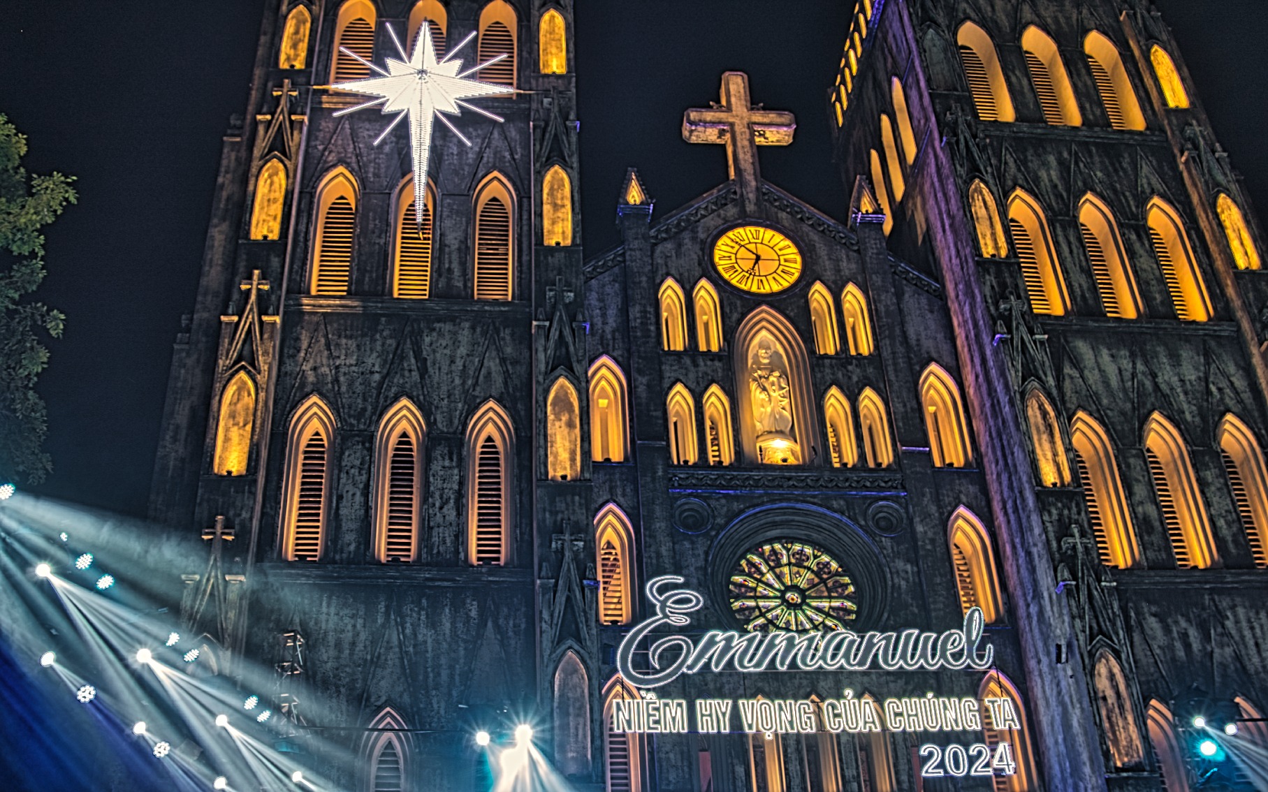 Lights on the front of a cathedral in Hanoi, Vietnam