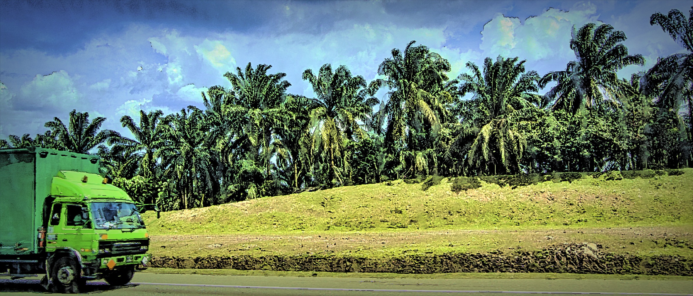 Truck passing palm trees on a road in Malaysia