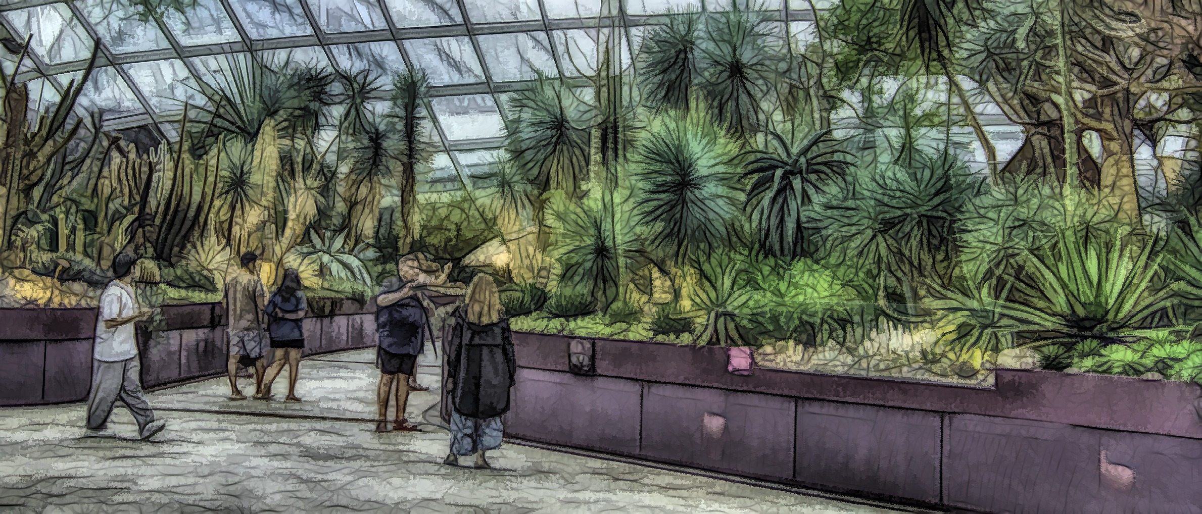 Visitors enjoying the unique plants inside the Flower Dome in SIngapore.
