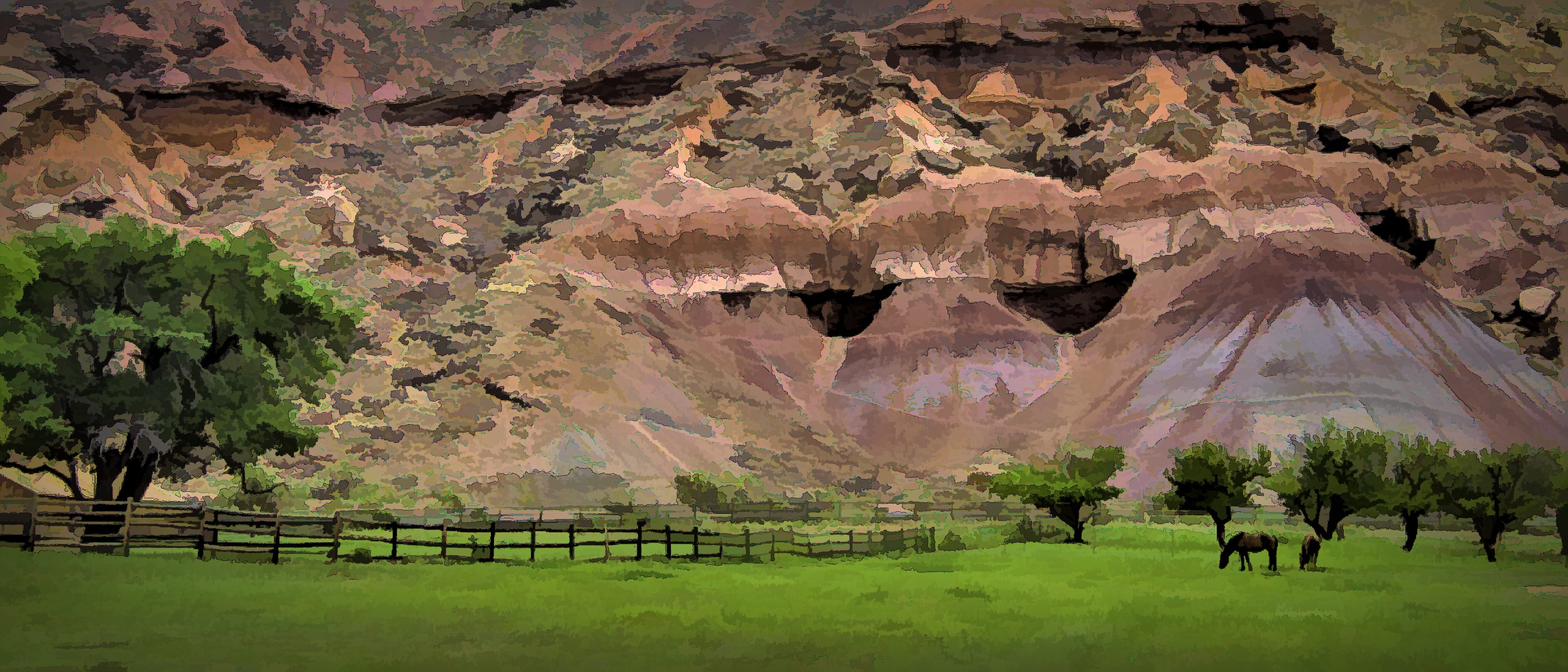 Horses eating in a pasture with tall red rock cliffs behind at Capitol Reef National Park in Utah