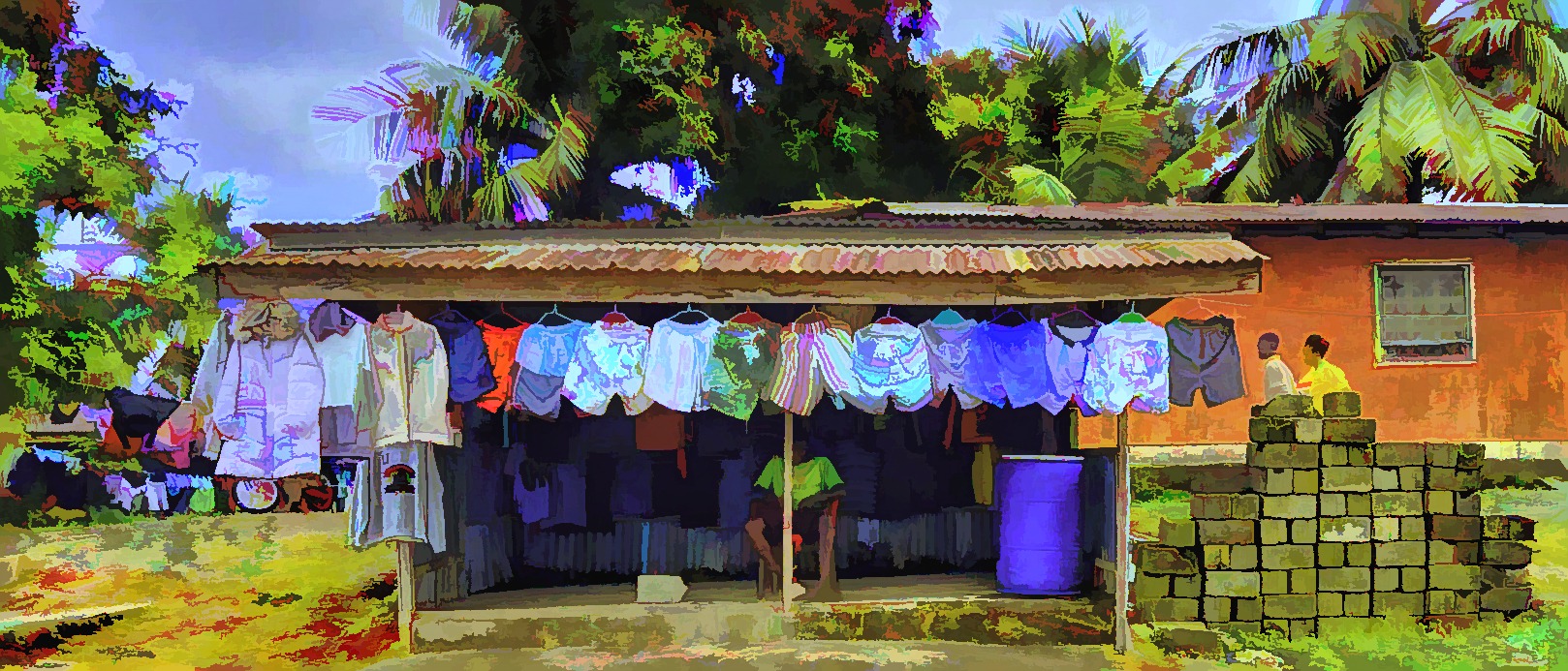 Roadside shop in Monrovia, Liberia selling clothing