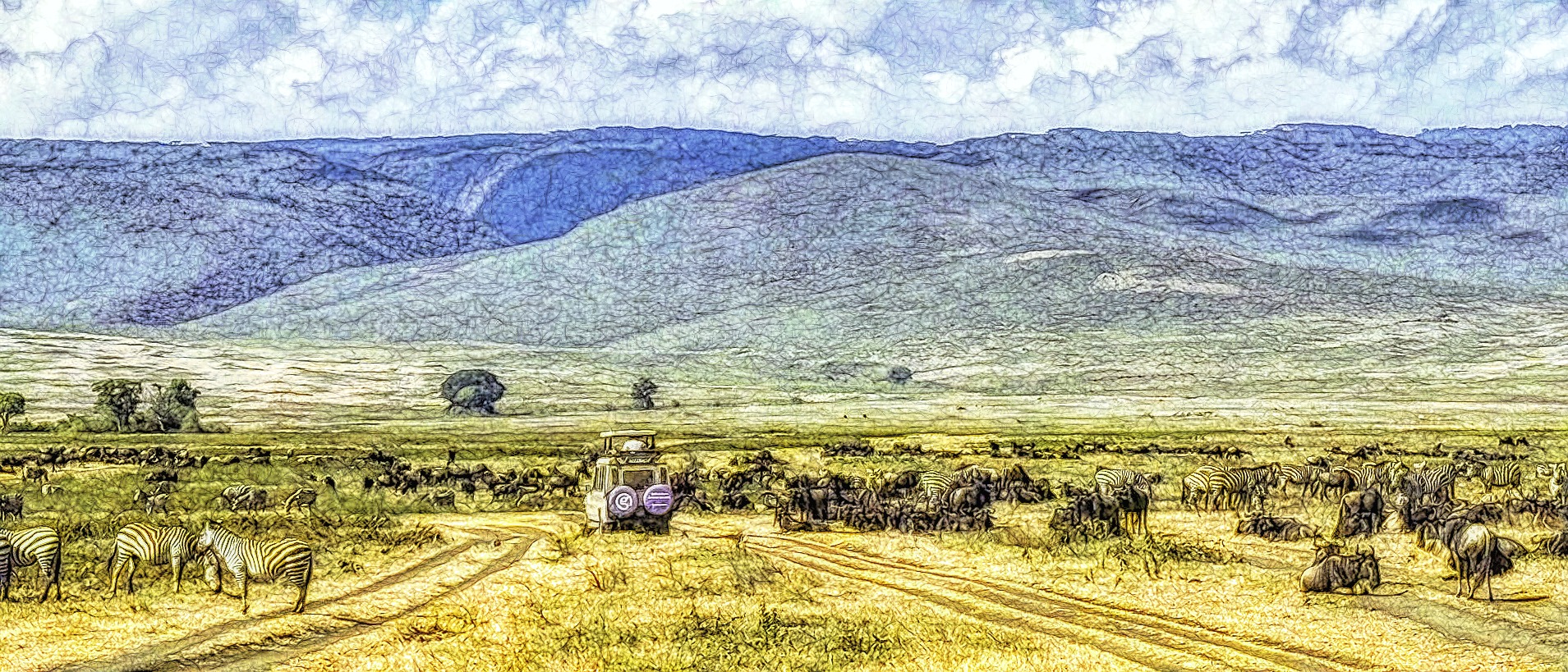 Safari Jeep driving through zebras and Wildebeests in Tanzania