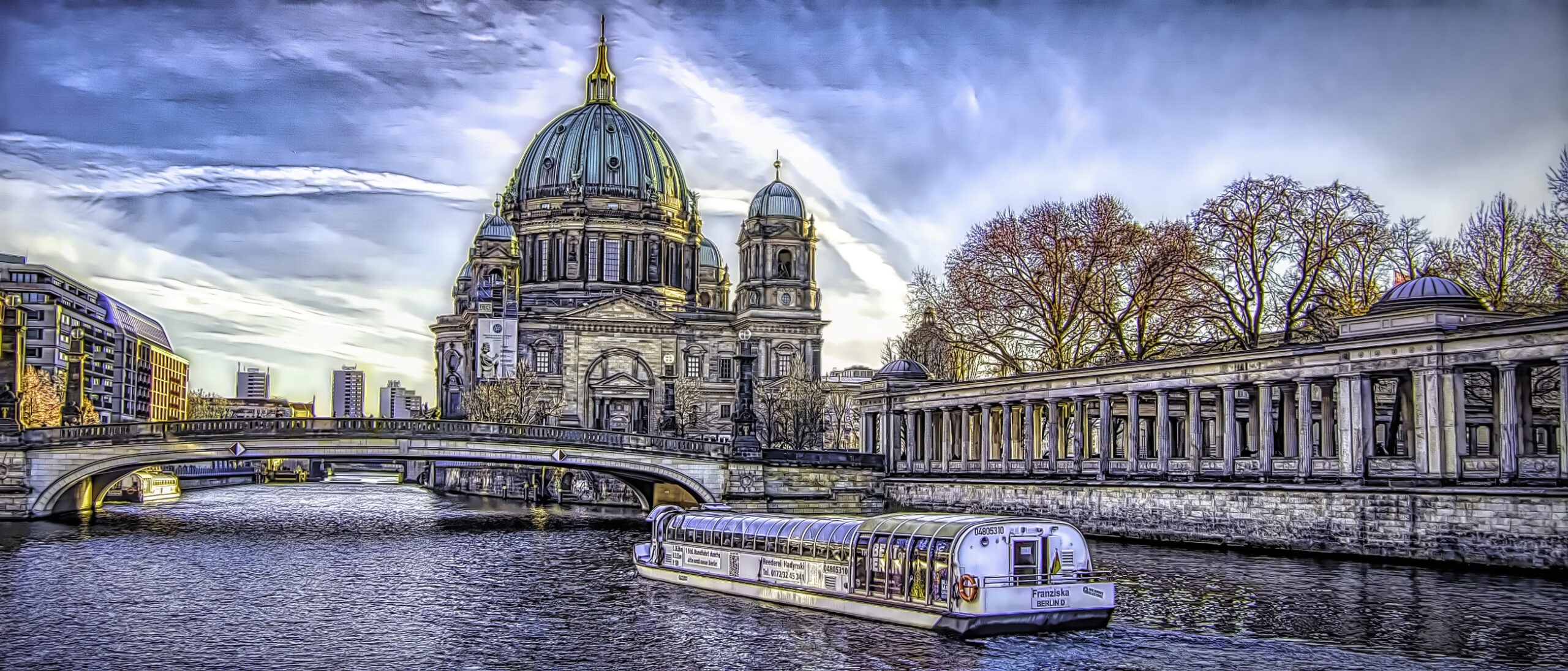 Church, boat and bridge in Berlin, Germany