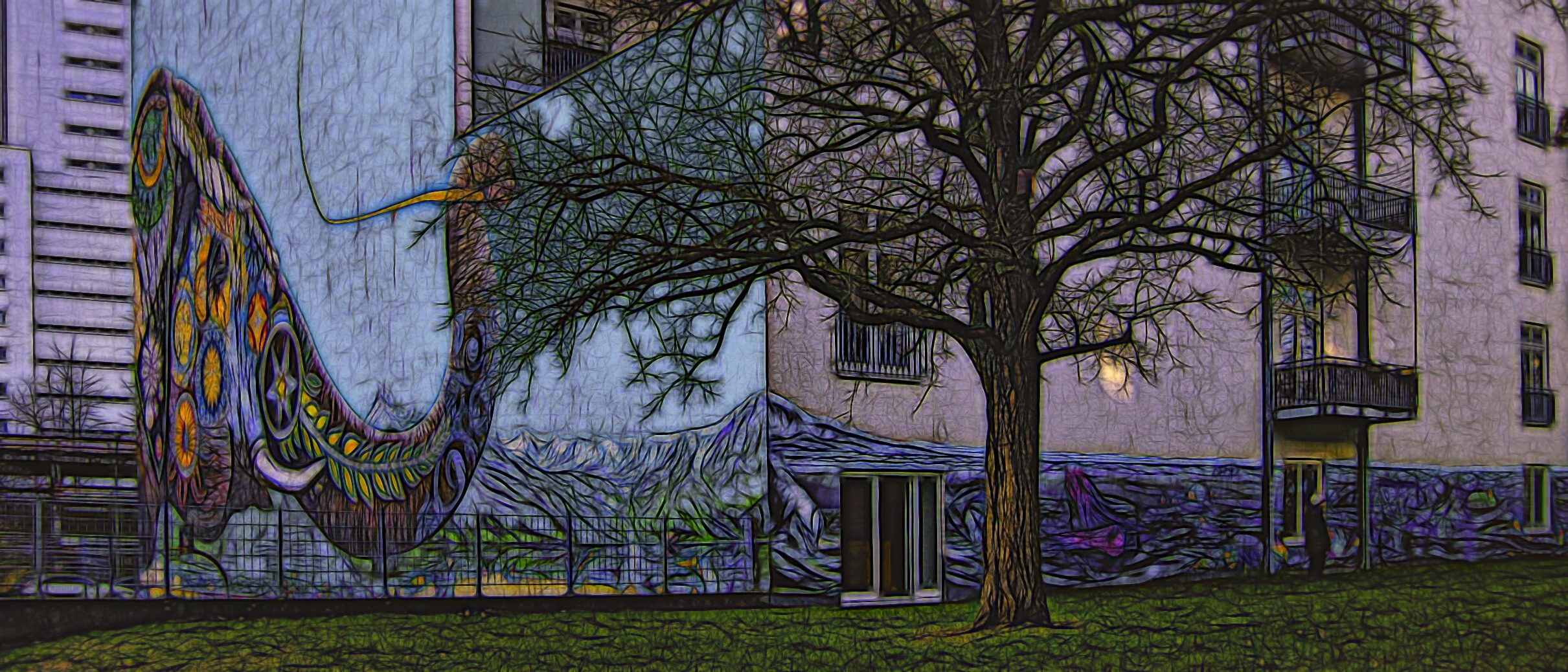 Multi-colored elephant painted on a building in Berlin, Germany