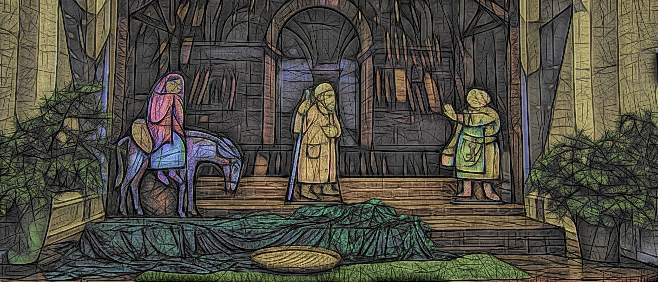 Simple paper cutouts of Mary, Joseph and the Innkeeper in the Dresden Cathedral in Germany