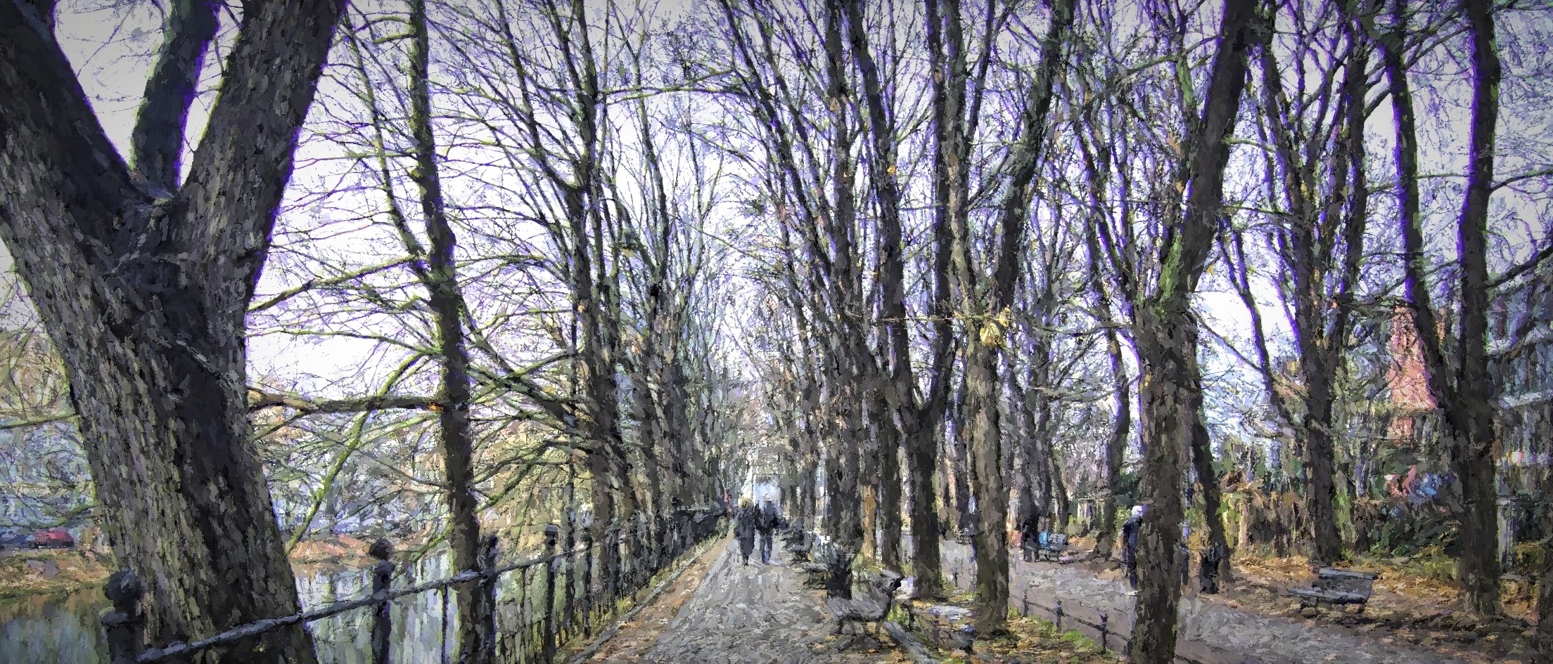 Couple walking the path along the river in Wroclaw, Poland