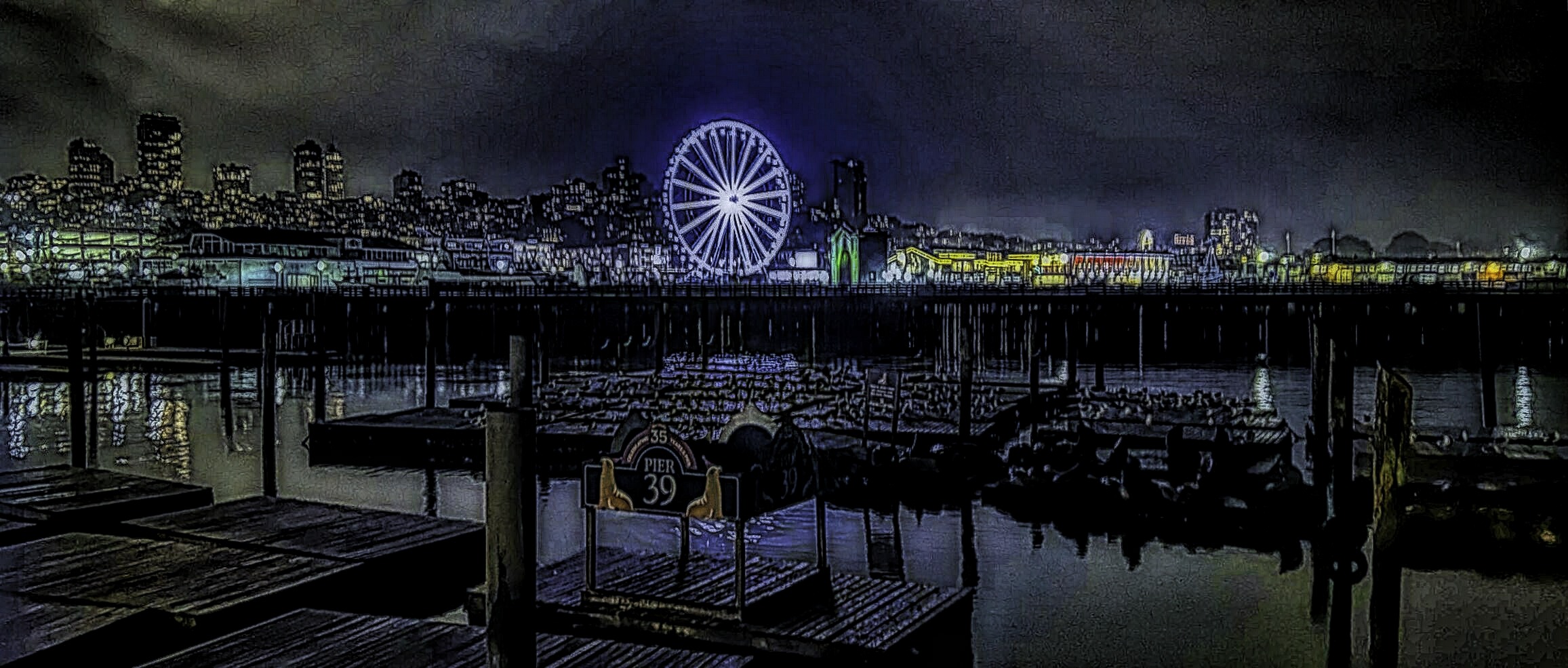 Looking back to the city from San Francisco's Fisherman's Wharf at night.
