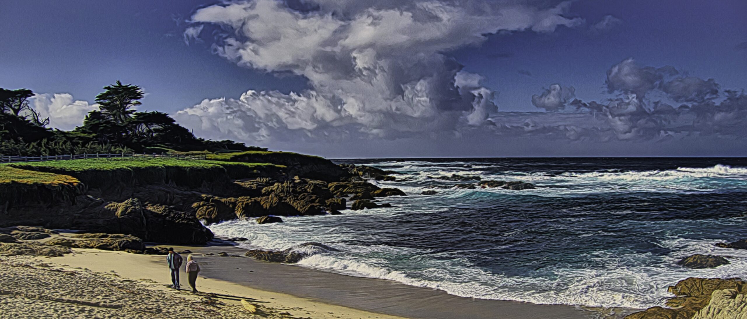 Couple Walking along a beach near 17 Mile Drive in Pebble Beach