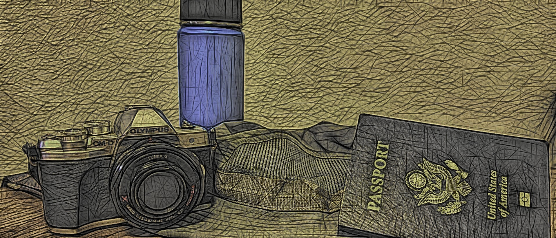 Camera, water bottle, hat and passport.