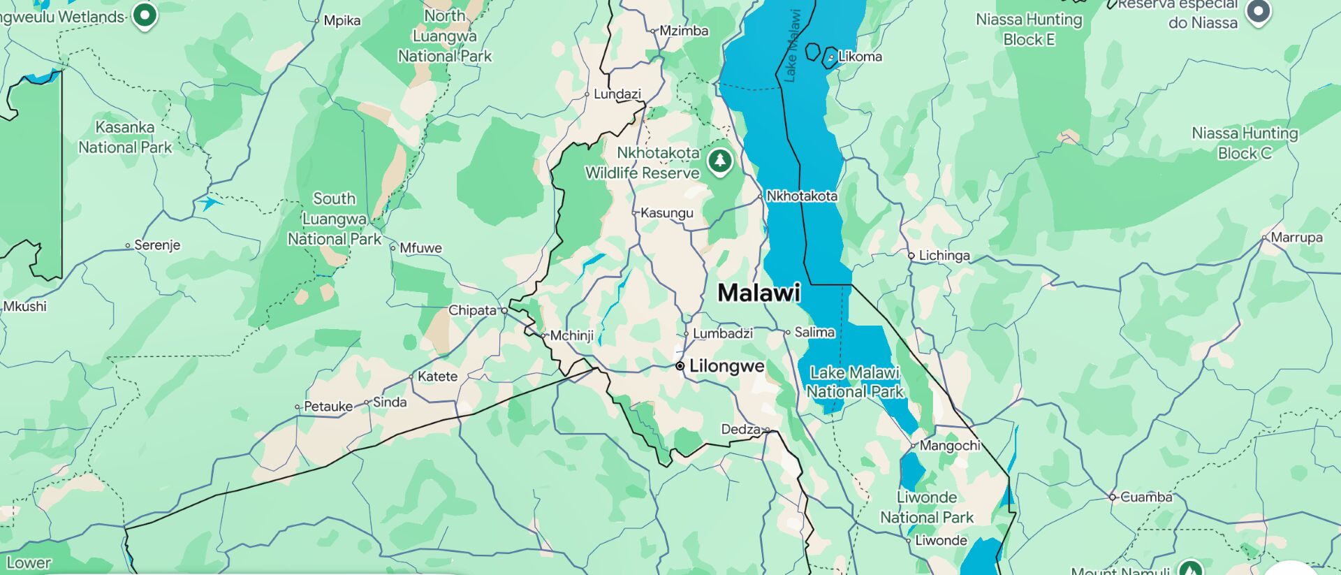 Map of Africa showing Lilongwe and part of Lake Malawi