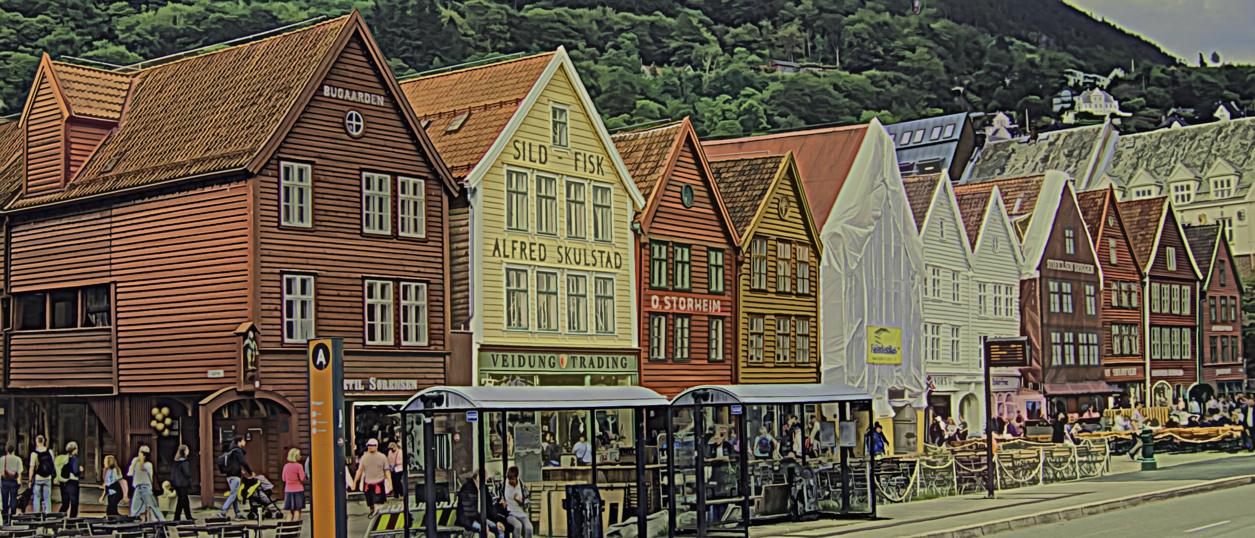 Iconic row of colorful two story stores in Bergen, Norway