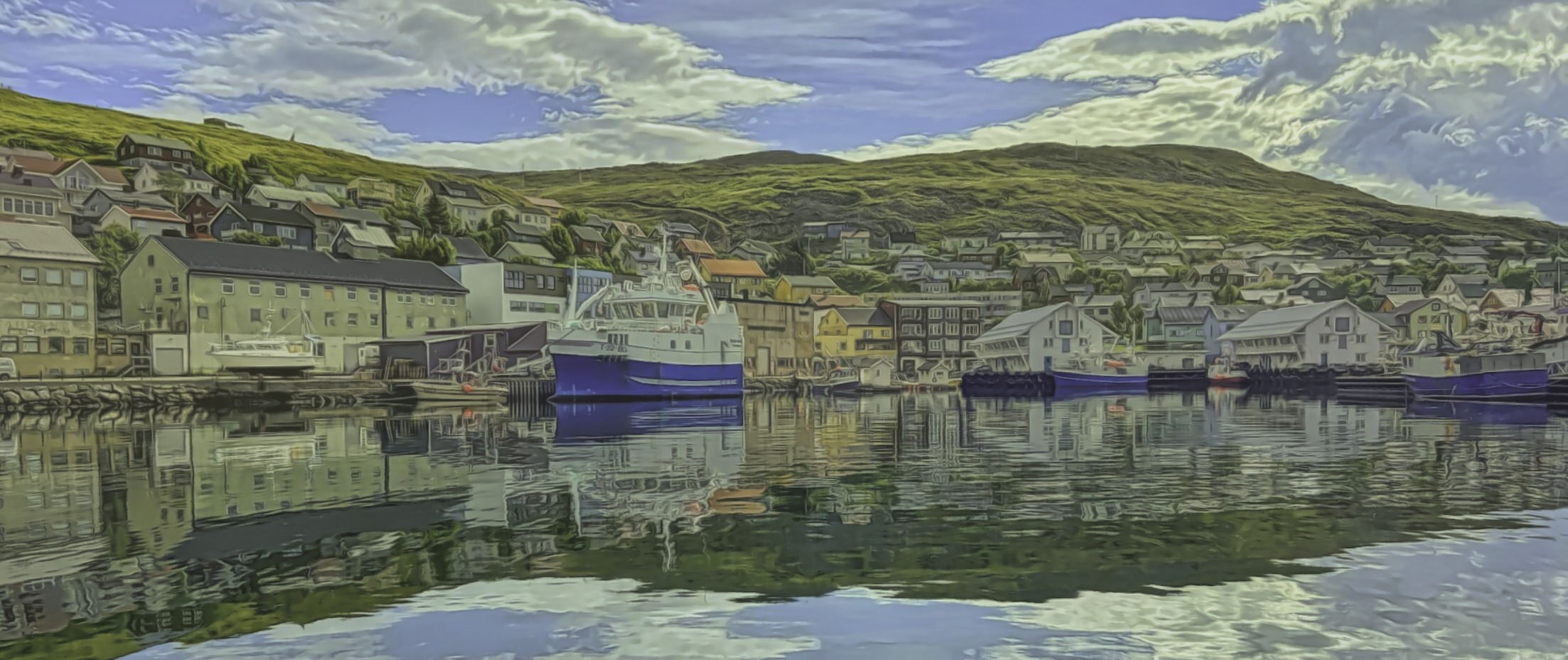 The Honningsvåg, Norway Harbor reflected.